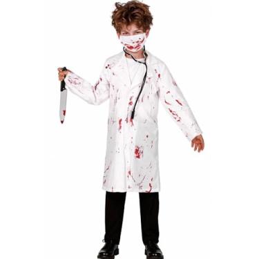 Imagem de Fantasia Halloween Infantil pra Meninos Dentista Zumbi Jaleco Medico e Máscara com Sangue (Branco, M 5-6)