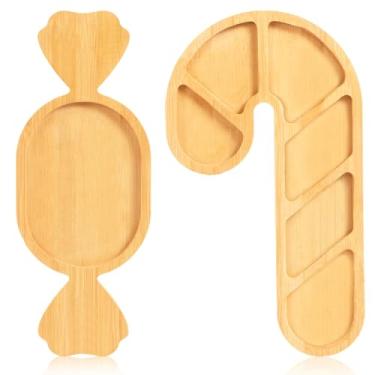 Imagem de AWIZOM 2 travessas de servir de Natal, bandejas de madeira em forma de bengala de hortelã-pimenta e doces em forma de bengala de Natal, tábuas decorativas de bambu, pratos de lanche para presentes de