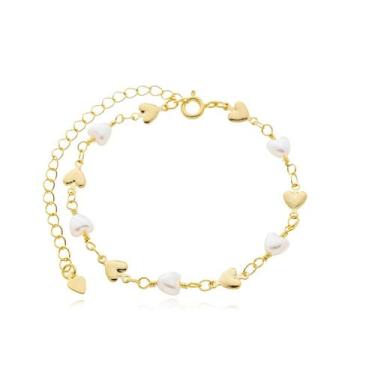 Imagem de Tornozeleira Perolas Sinteticas Corações Banhada a Ouro 18k - Atraktiv