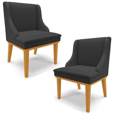 Imagem de Kit 2 Poltronas Decorativas Base Fixa de Madeira Firenze PU Preto Fosco/Castanho - Gran Belo