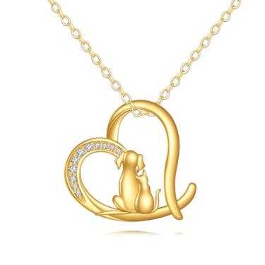 Imagem de DOVRAN Colar de ouro maciço 14K com pingente de coração de gato e cachorro, joias de animais fofos, presentes para homens e mulheres