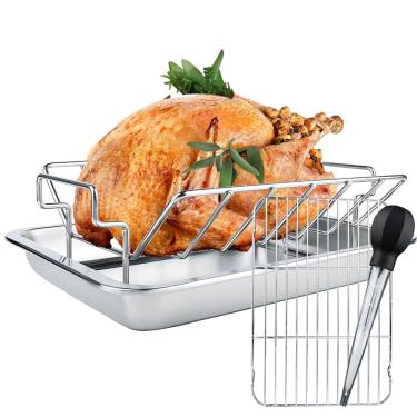 Imagem de DOLAMOTY Assadeira de aço inoxidável para torrefação de peru com panela, assadeira de aves de capoeira para defumar e grelhar/ajuste duplo para forno, grande ovo verde grande e Kamado Joe etc