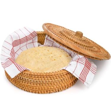 Imagem de Covzoe Aquecedor de tortilha de vime, cesta de suporte de tortilha feita à mão de 25 cm com tampa removível, recipiente de armazenamento de concha de taco com pano de toalha para pão de panqueca festa