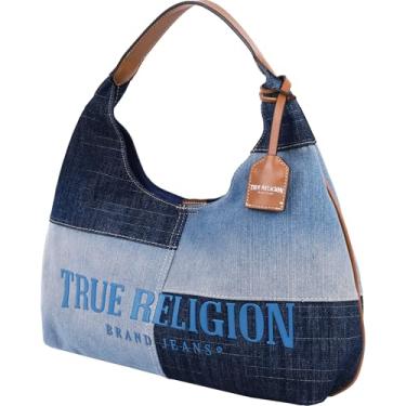 Imagem de True Religion Bolsa Hobo, bolsa de ombro jeans patchwork, logotipo grande com fecho magnético, ferragens prateadas, azul jeans