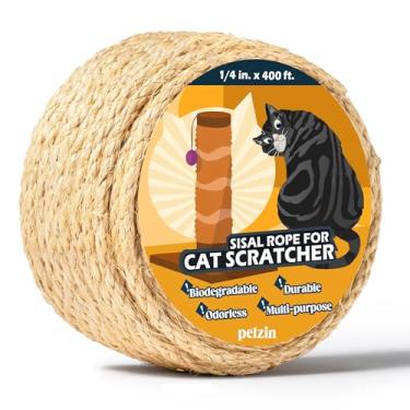 Imagem de Pelzin Corda de sisal natural para arranhador de gatos de 1/4 polegada por 400 pés, barbante de corda de árvore de gato para substituição de postes de arranhão de gatos, torre de gato com conserto