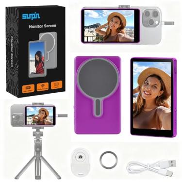Imagem de SUNPIN Tela de monitor magnético Vlog Selfie com alto-falante integrado, tela de encaixe sem fio para telefone, vlogging e visualização ao vivo, carregamento USB, compatível com iPhone/Android (roxo)