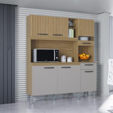 Imagem de Cozinha Compacta Bárbara 6 Portas 1 Gaveta Poquema Damasco/ripado/offwhite