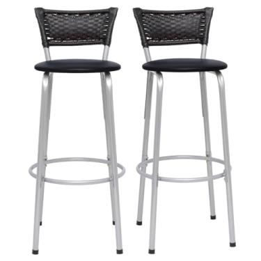 Imagem de Banqueta Altas Junco Preto Estrutura Prata 70cm Para Balcão Cozinha, Bar, Bistrô, Americano Kit 02 Unidades - Itagold (Assento Preto)