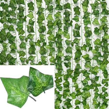 Imagem de Pacote com 12 guirlandas artificiais de hera com folhas verdes e clipes – Vinhas falsas penduradas para casa, jardim, casamento e decoração de quarto