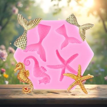 Imagem de Molde de silicone para fondant com tema marinho, estrela-do-mar, cavalo-marinho, cauda de sereia, molde de fondant para decoração de bolos, cobertura de cupcake, pasta de chiclete de chocolate e