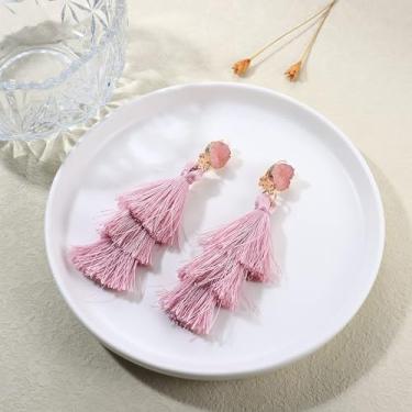 Imagem de Brincos femininos com borla, brincos de pressão, brincos coloridos boêmios com borla, drusa, pendentes, joias sem piercing, presente de aniversário, Natal, Dia dos Namorados, standard, Latão, Sem