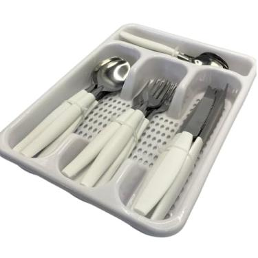 Imagem de Faqueiro Completo 25 Peças, Aço Inox com Cabo Branco, Porta Talheres Organizador, 6 Pessoas, Colheres, Garfos, Facas para Mesa e Sobremesa