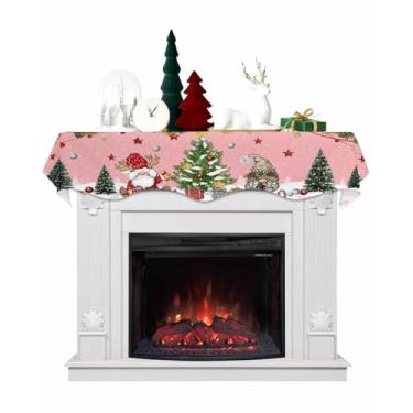 Imagem de Cachecol de cornija de Natal 177,8 x 43,2 cm, presente de árvore de Natal de gnomo, pinha, rosa, pano de lareira, capa de cornija, decoração de mesa para festas de fim de ano, sala de estar, decoração