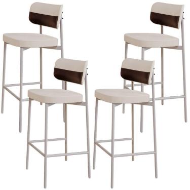 Imagem de Kit 04 Banquetas Alta Bar Cozinha Sala De Jantar Aço Branco Kaira C01 Linho Palha Courino Café - Lyam Decor