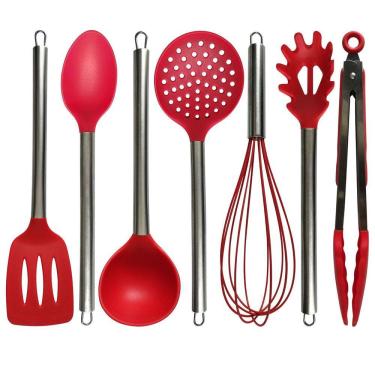 Imagem de Jogo Utensílios Silicone Cabo Inox Conjunto Escumadeira