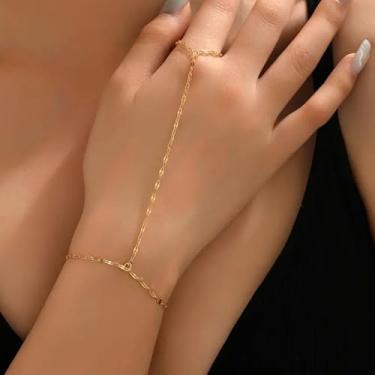 Imagem de Pulseira de mão de ouro para mulheres, anel moderno, corrente delicada, joia de mão
