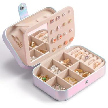 Imagem de LAMU Organizador de joias iridescente de viagem com espelho, pequena caixa de joias a laser para presentes femininos e meninas, organizador de joias de viagem para brincos, anéis, pingentes, colares
