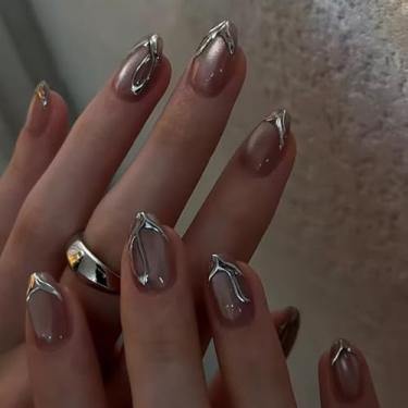 Imagem de Pressionar unhas curtas redondas olho de gato com cola falsa com design irregular 3D prata cobertura completa bastão falso artificial em unha de acrílico para mulheres uso diário, 24 peças