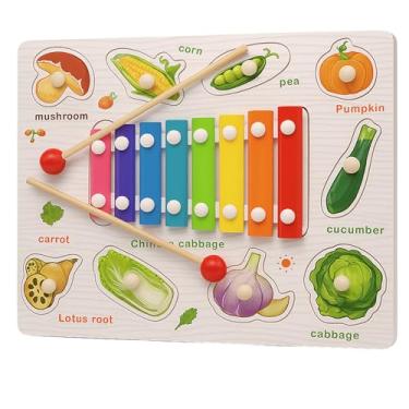 Imagem de Brinquedo Educativo Infantil 3 em 1 Tabuleiro de Madeira com Xilofone Colorido, Quebra-Cabeça e Lousa – Aprendizado Divertido (Legumes)