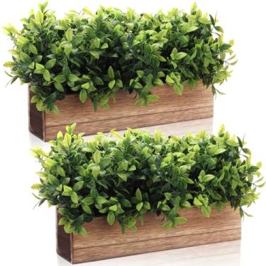 Imagem de Lyrow Pacote com 2 plantas artificiais de eucalipto em caixa retangular rústica de madeira para vaso de plantas de ervas artificiais para decoração de prateleira de janela de cozinha de Ação de Graças