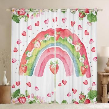 Imagem de Cortina arco-íris em aquarela para quarto, linda cortina de janela de coração vermelho e morango para meninas adolescentes, decoração de plantas frutíferas com folhas florais, tratamento de janela de