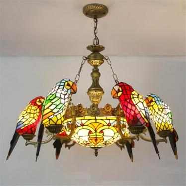 Imagem de Lustre contemporâneo de papagaio, obra de arte de luxo para sala de estar, restaurante, quarto, villa, hotel, café, bar, karaokê, clube, luminária pendente de vidro colorido com LED (6 lâmpa