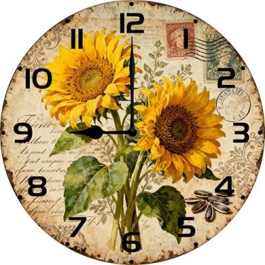 Imagem de Dlonvoh Relógio de parede de girassol vintage de madeira rústico relógios redondos operados por bateria relógio decorativo de quartzo silencioso para casa sala de estar quarto 30 cm