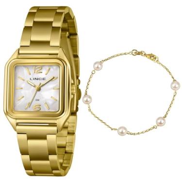 Imagem de Relógio Feminino Dourado Quadrado Lince LQGM060L30 K0HR Com Colar e Brincos Visor madreperola