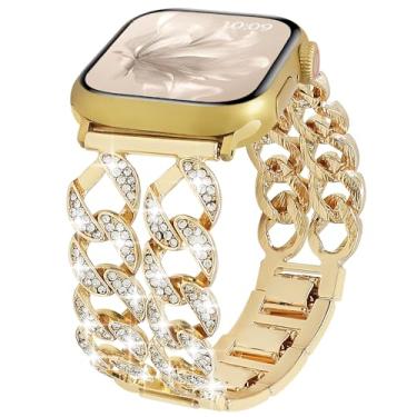 Imagem de Pulseiras femininas de metal dourado compatíveis com Apple Watch séries 11/10/9/8/7/6/5/4/SE/3/2/1 de 38 mm, 40 mm, 41 mm, 42 mm (S10/11), diamante brilhante (ouro, 41/40/38/42 mm (série 10))