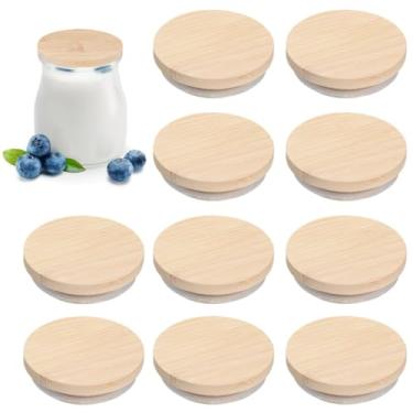 Imagem de Tampas de bambu de 6 cm para potes de iogurte, 12 peças de tampas de pote de iogurte, tampas de lata de frutas com anéis de vedação de silicone, tampas de pote de iogurte com função DIY