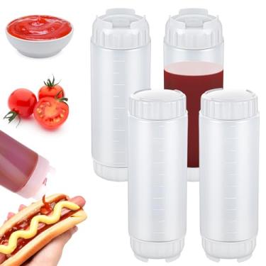 Imagem de 4 garrafas de apertar recarregáveis de 590 ml, garrafa grande para espremer condimentos, ponta de plástico invertida, dispensador de molho para molhos, ketchup, creme azedo, dispensador de xarope
