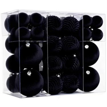 Imagem de Conjunto de 53 peças de enfeites de Natal de veludo, bolas de Natal pretas flocadas com sinos de Natal e enfeites de papel, conjunto de decorações de árvore de Natal penduradas à prova de