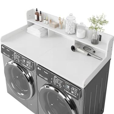 Imagem de HMAZAE Bancada de lavadora e secadora com prateleira, bancada de lavanderia de 2 camadas sobre lavadora e secadora, mesa de madeira de 137 x 70 cm para roupas dobráveis para organização e