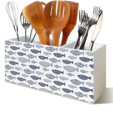 Imagem de YTRGI Porta-lápis organizador de lápis de praia costeira para mesa, presentes para amantes do oceano e peixes, caixa de madeira azul náutica para pesca, caixa de madeira, para decoração de mesa, casa