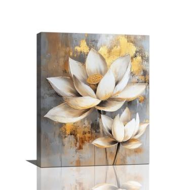 Imagem de Olivine Arte de parede Zen, decoração de parede de imagens de lótus, pintura de flor de lótus branca e dourada impressões em tela, arte emoldurada para quarto, banheiro, sala de estar, escritório, spa