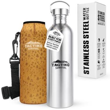 Imagem de Tactiko Survival Garrafa de água de boca larga de aço inoxidável, segura para ferver de parede única, à prova de vazamento, livre de BPA com manga de transporte e alça para acampamento, caminhada