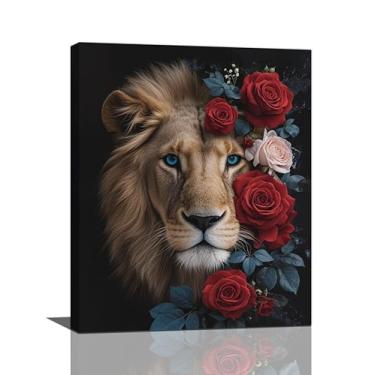 Imagem de Crekviy Leão arte de parede imagens de leão decoração de parede rosa vermelha impressões em tela pintura decoração de arte para escritório banheiro quarto sala de estar presentes emoldurados 40.6 cm x