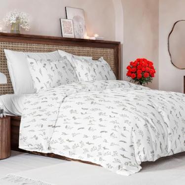 Imagem de Conjunto de capa de edredom queen size - capa de edredom floral extramacia 224 cm x 239 cm com 2 fronhas - Conjunto de cama floral confortável e respirável - Hotel luxuoso fácil de cuidar e não