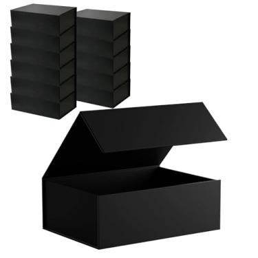Imagem de Caixa de presente preta com tampas magnéticas, pacote com 12 unidades. Caixas decorativas retangulares dobráveis. para aniversário, Dia das Mães, casamentos e embalagens.,Black 12 pack,13×9.5×3.9in