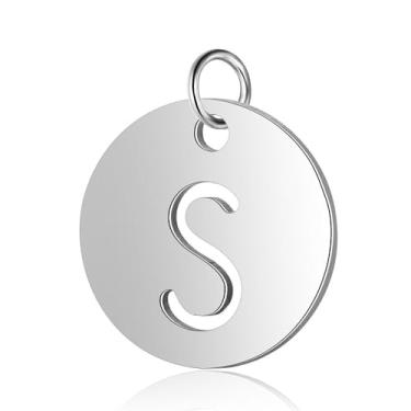 Imagem de Ipotkitt 5 peças de aço inoxidável 304 de 12 mm redondo plano com pingentes da letra S com anel de salto, pingentes de letras do alfabeto para fazer joias faça você mesmo, pulseira, colar, brincos