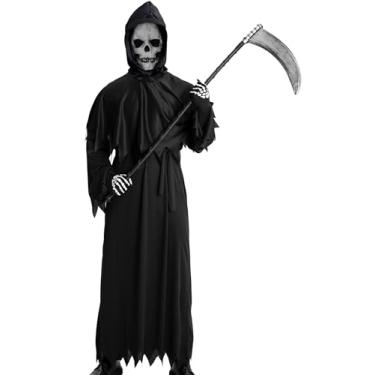 Imagem de YEJINCUN Fantasia de Ceifador Sombrio Adulto Esqueleto Assustador Luvas Máscara de Caveira Fantasma Fantasma Fantasma para Homens Adultos, Preto, M
