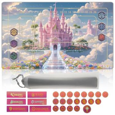Imagem de Cylvenor 24x14 inch for lokana playmat TCG with Gaming Area - Includes 26-Piece Acrylic Life Counter Set with Rainbow Effect and Storage Bag (Castle)