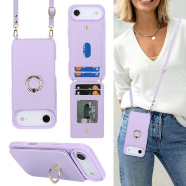 Imagem de Lipvina Capa para iPhone 17 Air com suporte para cartão e alça para mulheres, cordão transversal, suporte de anel, fecho de pressão, capas de carteira de telefone fofas de 6,6 polegadas (roxa)