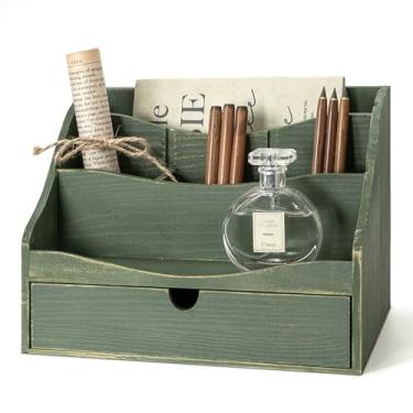 Imagem de Organizador de correio de madeira de pinho para mesa - charmosa organização de porta-correio de fazenda com gaveta e divisórias - 4 compartimentos para arquivo e classificador de joias, bancada