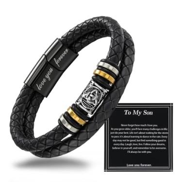 Imagem de Alissl Pulseira de couro premium para homens, fileira dupla trançada preta ajustável de aço inoxidável com fecho gravado "Love You Forever", vem com cartão de mensagem e caixa de presente, presente