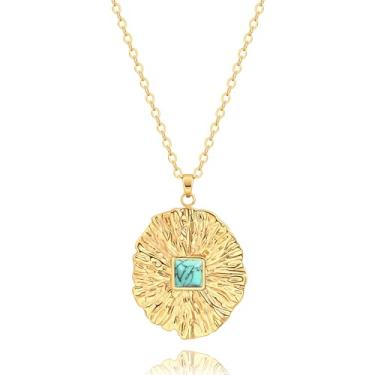 Imagem de Colar feminino com pingente de lua crescente e estrela moderno Om Sun Colar delicado de corrente de ouro 18 K, Banhado a ouro 18K, turquesa sintética