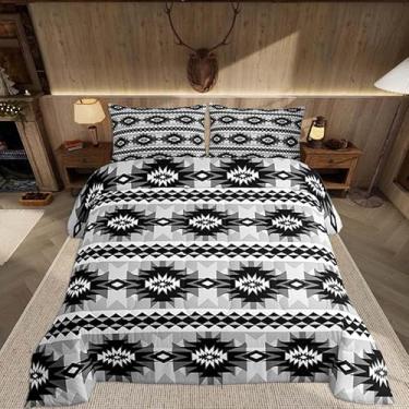Imagem de Feelyou Conjunto de edredom ocidental, tamanho Queen, asteca do sudoeste, geométrico, vintage, boêmio, tribal, rústico, decoração de quarto, preto, cinza, 3 peças com 2 fronhas