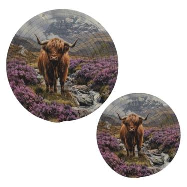 Imagem de Blueangle 2 peças de suporte de panela de vaca Highland - conjunto de pegadores de panela de tecido redondo - almofadas quentes trançadas de algodão - porta-copos - tapetes de mesa para cozinhar e