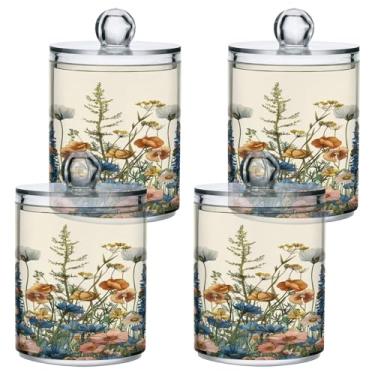 Imagem de ATTX Dispensador de suporte Qtip de flores silvestres para bola de algodão, cotonete, frasco de boticário de plástico transparente, decoração de casa, pote de armazenamento de cozinha, pacote com 4
