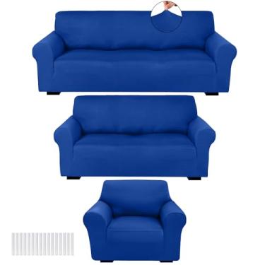 Imagem de Peryiter Conjunto de 3 capas de sofá para sofá e poltrona, elástico, sem rugas, protetor de móveis (azul clássico, elastano de seda leite)